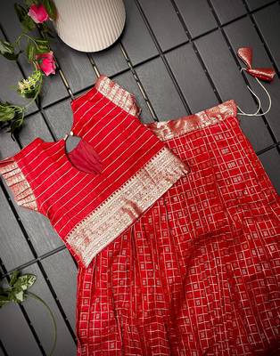 Girls red woven kanchipuram style lehenga set with silk skirt, crop top & latkans 2