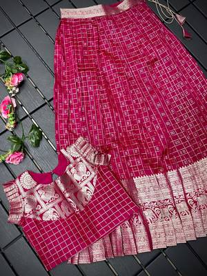 Girls pink woven kanchipuram style lehenga set with silk skirt, crop top & latkans 1