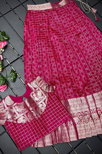 Girls pink woven kanchipuram style lehenga set with silk skirt, crop top & latkans