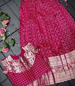 Girls pink woven kanchipuram style lehenga set with silk skirt, crop top & latkans
