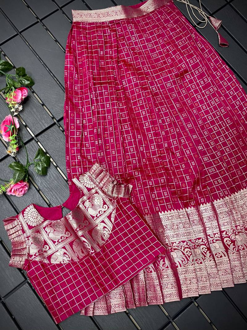 Girls pink woven kanchipuram style lehenga set with silk skirt, crop top & latkans