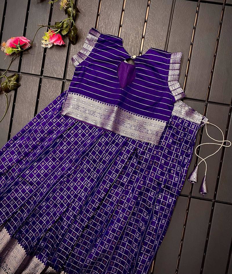 Girls violet woven kanchipuram style lehenga set with silk skirt, crop top & latkans
