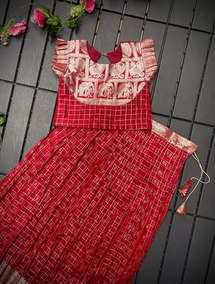 Girls red woven kanchipuram style lehenga set with silk skirt, crop top & latkans 3