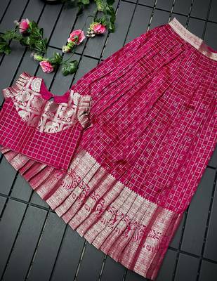 Girls pink woven kanchipuram style lehenga set with silk skirt, crop top & latkans 2