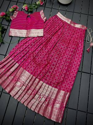 Girls pink woven kanchipuram style lehenga set with silk skirt, crop top & latkans 3