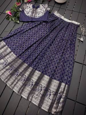 Girls navy woven kanchipuram style lehenga set with silk skirt, crop top & latkans 1