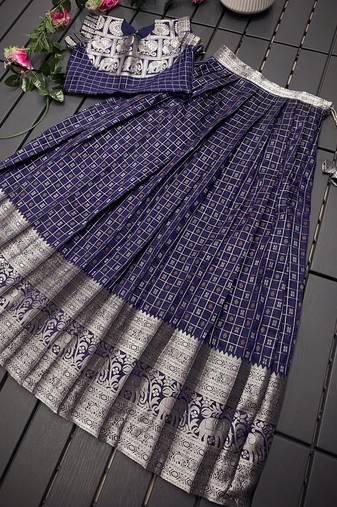 Girls navy woven kanchipuram style lehenga set with silk skirt, crop top & latkans