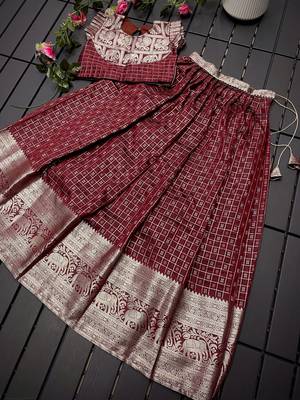 Girls brown woven kanchipuram style lehenga set with silk skirt, crop top & latkans 1