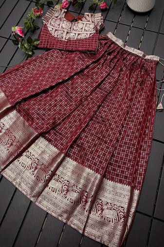 Girls brown woven kanchipuram style lehenga set with silk skirt, crop top & latkans