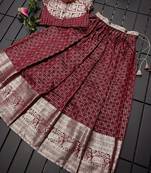 Girls brown woven kanchipuram style lehenga set with silk skirt, crop top & latkans
