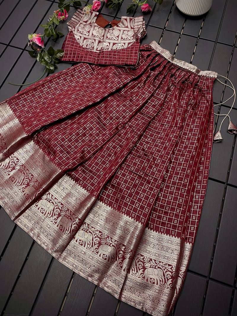 Girls brown woven kanchipuram style lehenga set with silk skirt, crop top & latkans