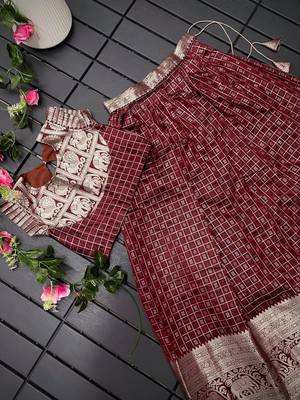 Girls brown woven kanchipuram style lehenga set with silk skirt, crop top & latkans 2