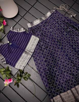 Girls navy woven kanchipuram style lehenga set with silk skirt, crop top & latkans 3