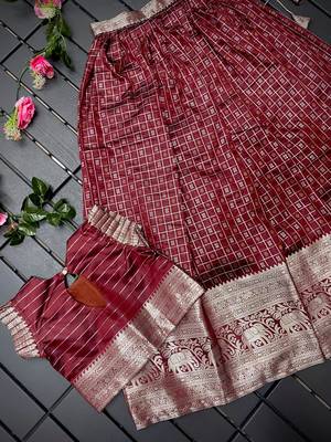 Girls brown woven kanchipuram style lehenga set with silk skirt, crop top & latkans 3