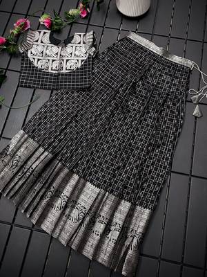 Girls black woven kanchipuram style lehenga set with silk skirt, crop top & latkans 1