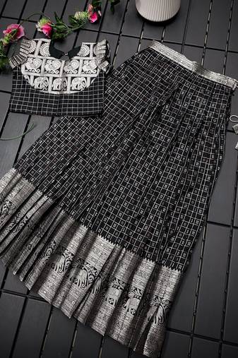 Girls black woven kanchipuram style lehenga set with silk skirt, crop top & latkans