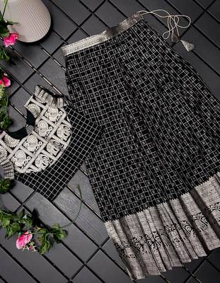 Girls black woven kanchipuram style lehenga set with silk skirt, crop top & latkans 2