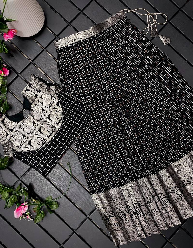 Girls black woven kanchipuram style lehenga set with silk skirt, crop top & latkans