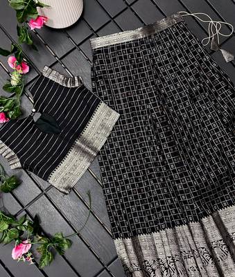 Girls black woven kanchipuram style lehenga set with silk skirt, crop top & latkans 3