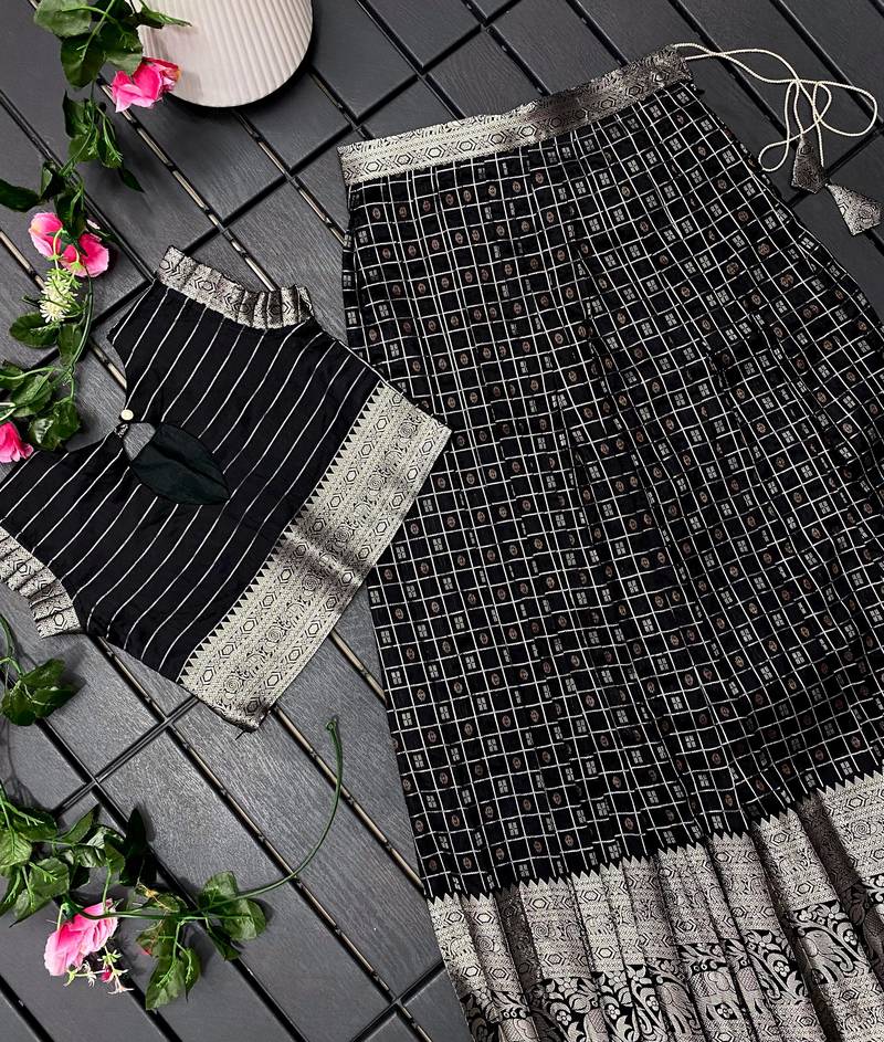 Girls black woven kanchipuram style lehenga set with silk skirt, crop top & latkans