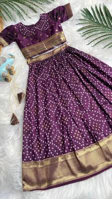 Girls wine bandhani skirt and top set with radha krishna motif back design 1