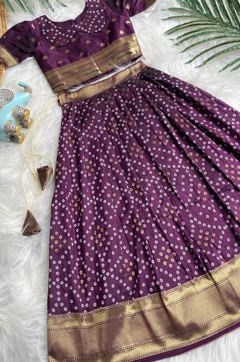 Girls wine bandhani skirt and top set with radha krishna motif back design