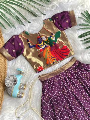 Girls wine bandhani skirt and top set with radha krishna motif back design 2