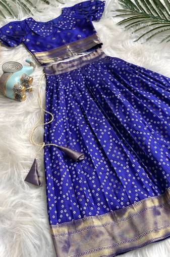 Girls violet bandhani skirt and top set with radha krishna motif back design