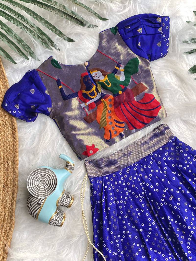 Girls violet bandhani skirt and top set with radha krishna motif back design