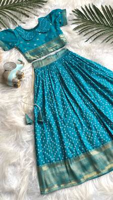 Girls sky bandhani skirt and top set with radha krishna motif back design 1
