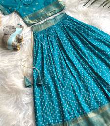 Girls sky bandhani skirt and top set with radha krishna motif back design