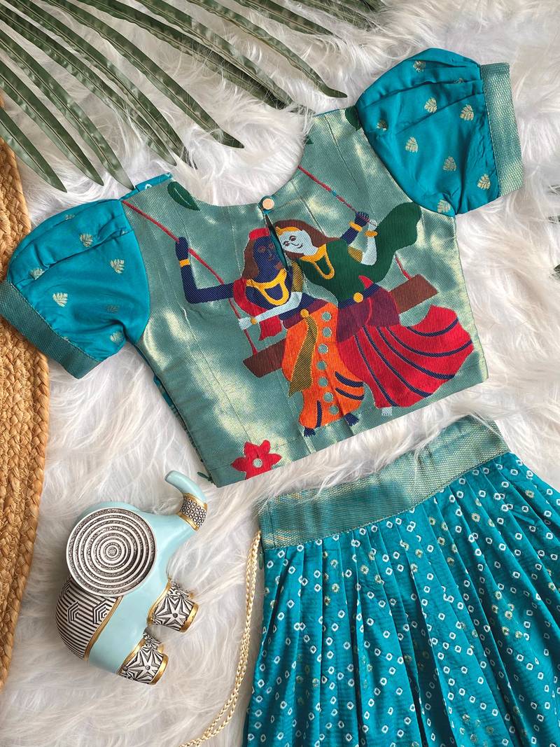 Girls sky bandhani skirt and top set with radha krishna motif back design
