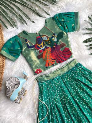 Girls rama bandhani skirt and top set with radha krishna motif back design 2