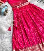 Girls pink bandhani skirt and top set with radha krishna motif back design