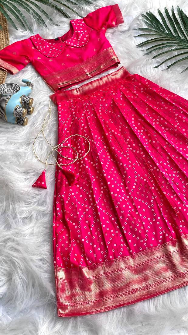 Girls pink bandhani skirt and top set with radha krishna motif back design