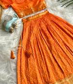 Girls orange bandhani skirt and top set with radha krishna motif back design