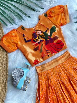 Girls orange bandhani skirt and top set with radha krishna motif back design 2