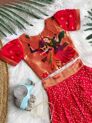 Girls red bandhani skirt and top set with radha krishna motif back design 2