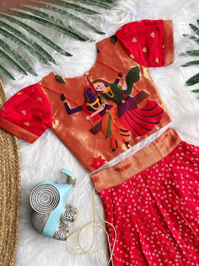 Girls red bandhani skirt and top set with radha krishna motif back design
