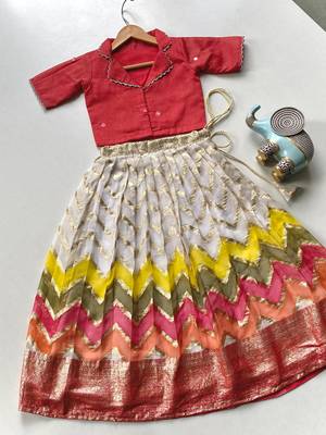 Girls pink silk blend woven lehenga choli with ruffle sleeves & shawl collar 1