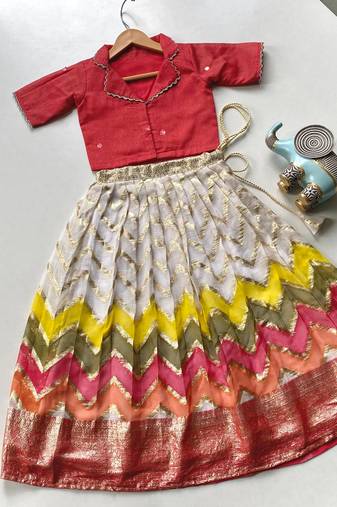 Girls pink silk blend woven lehenga choli with ruffle sleeves & shawl collar