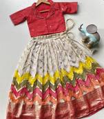 Girls pink silk blend woven lehenga choli with ruffle sleeves & shawl collar