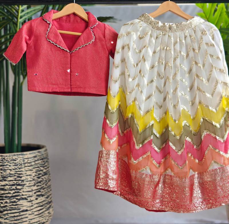 Girls pink silk blend woven lehenga choli with ruffle sleeves & shawl collar