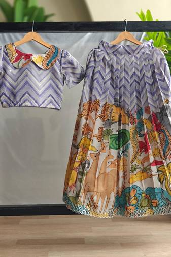 Girls kalamkari print lehenga choli set | silk blend embellished ethnic wear with puff sleeves & peter pan collar