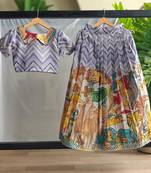 Girls kalamkari print lehenga choli set | silk blend embellished ethnic wear with puff sleeves & peter pan collar