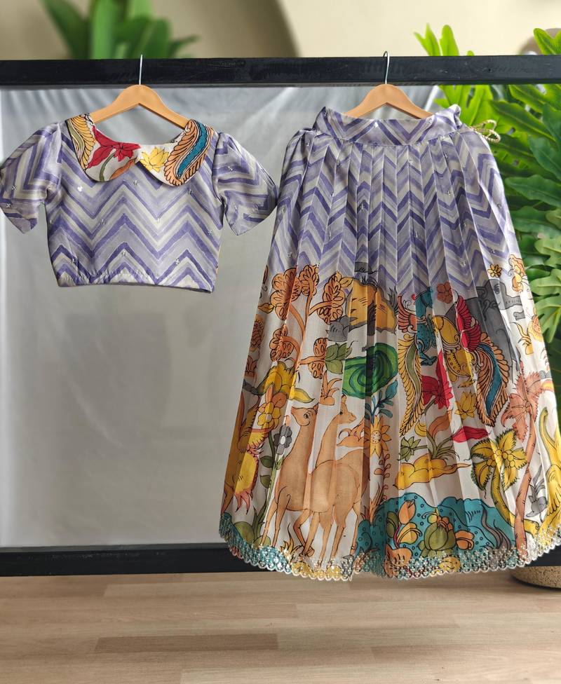 Girls kalamkari print lehenga choli set | silk blend embellished ethnic wear with puff sleeves & peter pan collar