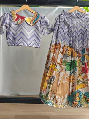 Girls kalamkari print lehenga choli set | silk blend embellished ethnic wear with puff sleeves & peter pan collar 2