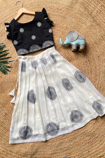 Girls white and black mandala embroidered lehenga choli set