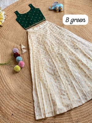 Girls off-white embroidered silk blend polka dot skirt with zari weaving top 1