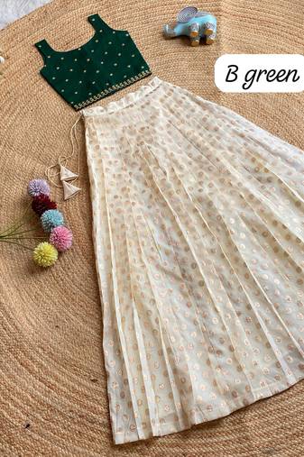 Girls off-white embroidered silk blend polka dot skirt with zari weaving top